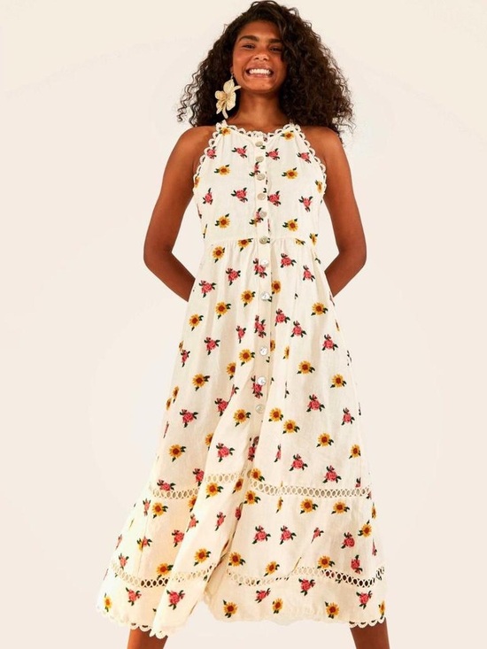 FARM Rio Dresses & Skirts - FARM Rio Cream Maxi Dress with Yellow Sunflower & Pink Rose Print